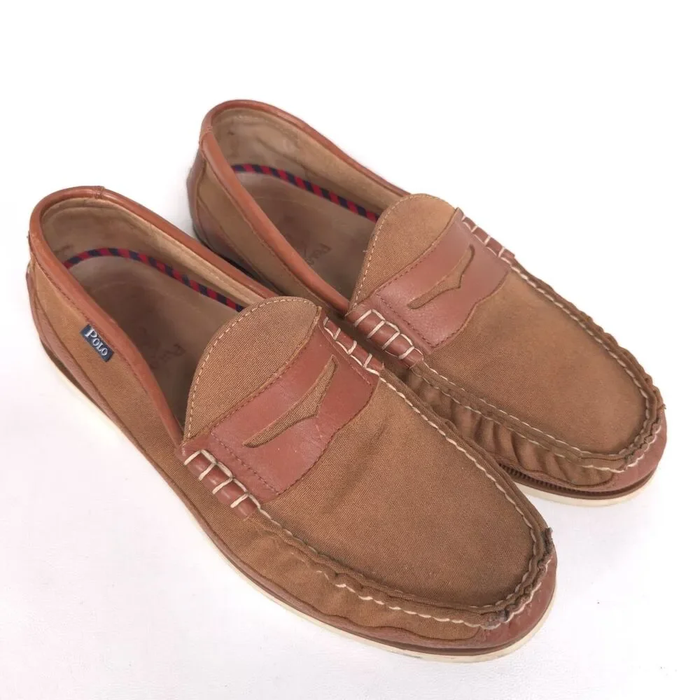 POLO‎ RALPH LAUREN Blackley 10.5D Leather Textile Loafers Brown Men’s Shoes